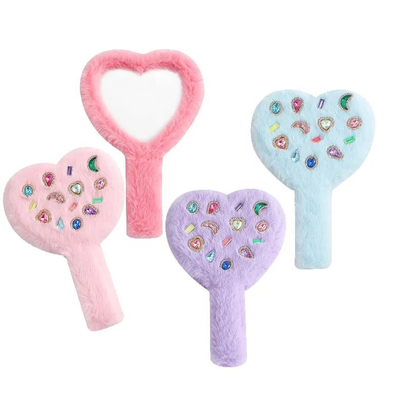 New Winter Plush Cute Salon Lash Mirror Girl pink Heart Shape Handheld Mirror Portable Makeup Mirror