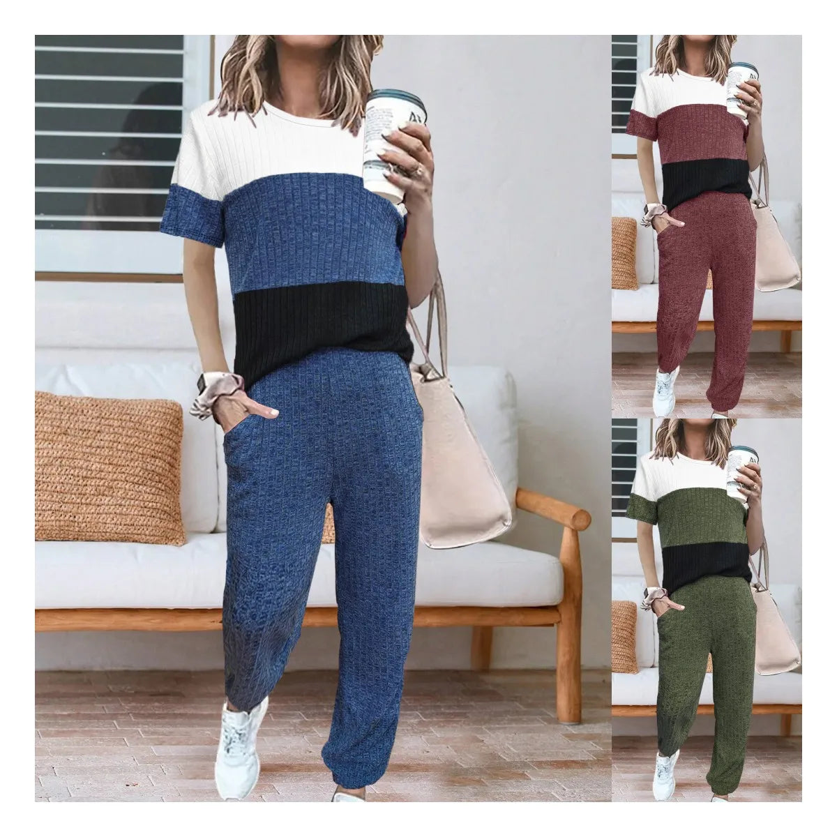 Wholesale New Trending Colorblock Short Sleeve T-shirt and Long Pants Casual Women Sports Two Pieces Set