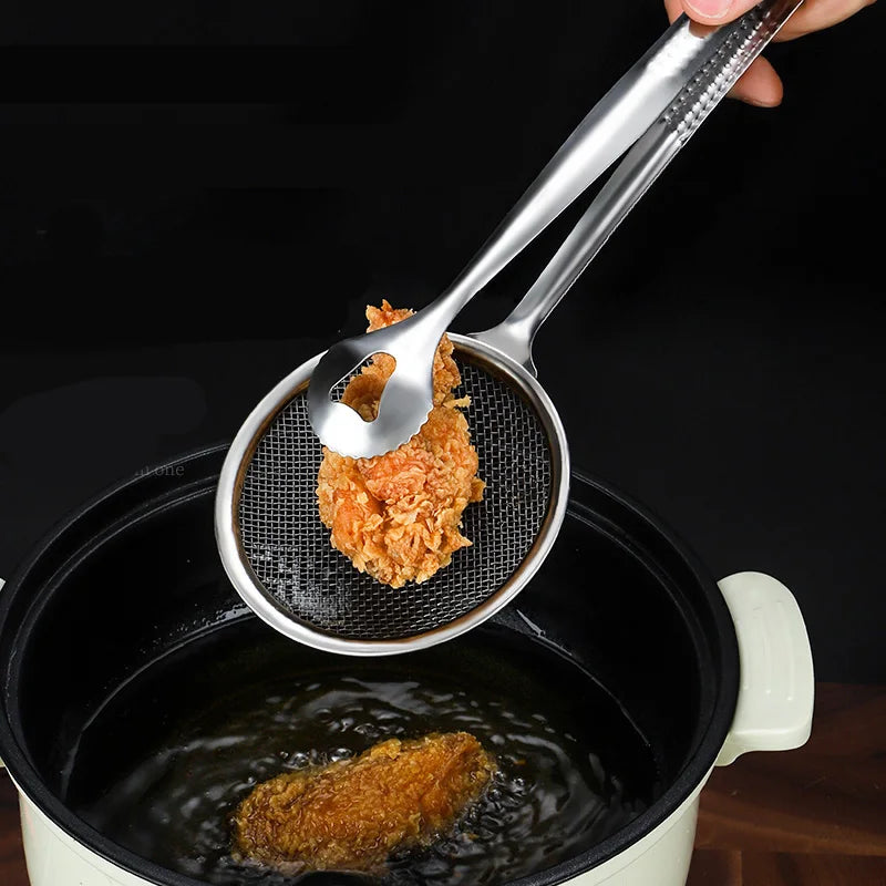 Multi-Functional Eco-Friendly Silver Stainless Steel Kitchen Tongs Metal Oil-Frying Filter Fried Food Clip Spoon Cooking BBQ 50g