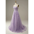 Romantic Long Applique Lace a Line Cross Backless Tulle Wedding Party Dress Spaghetti Strap Lilac Bridesmaid Dress