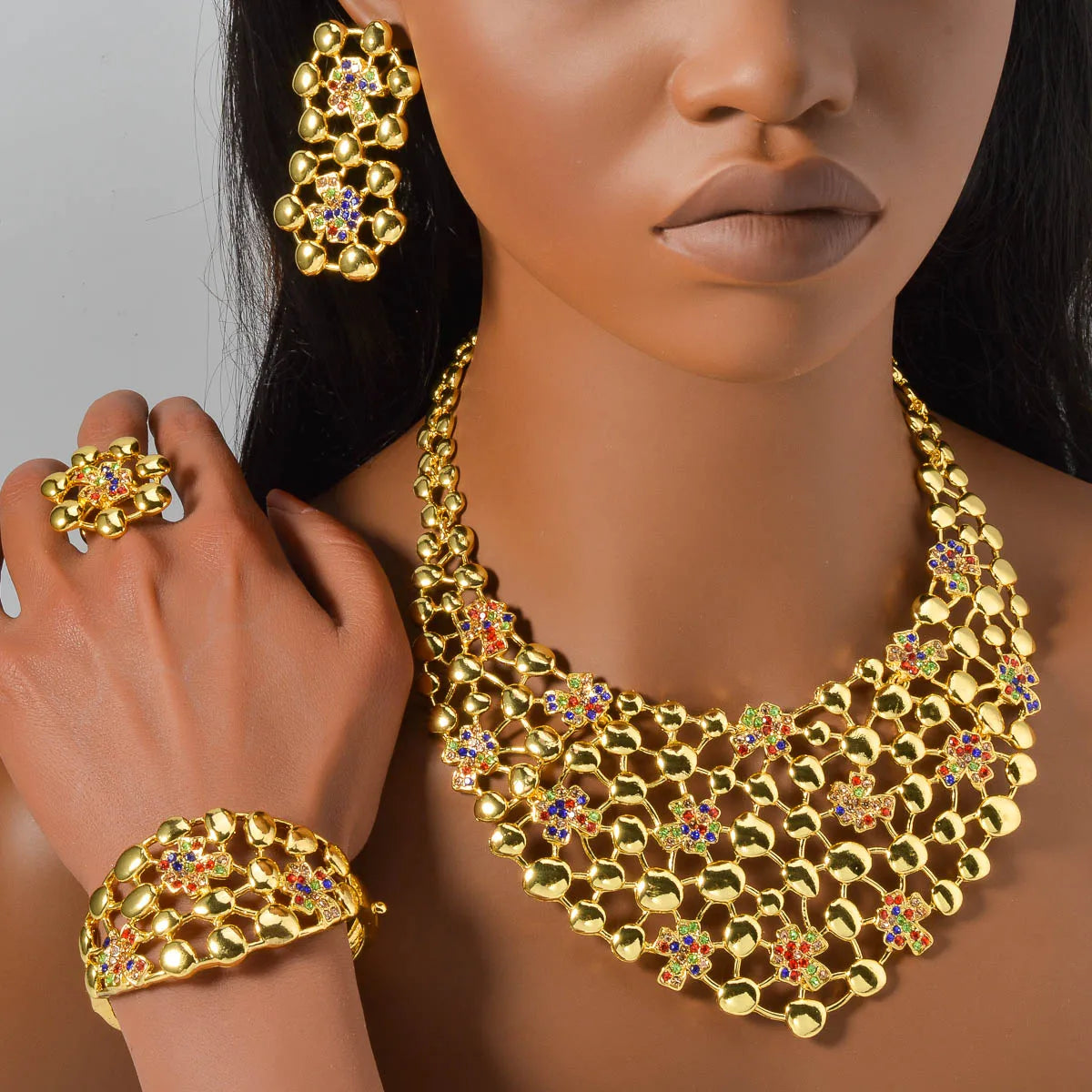 Bohemian Luxury 14K Gold Plated Zircon Flower Earring Ring Necklace and Bracelet Jewellery Sets