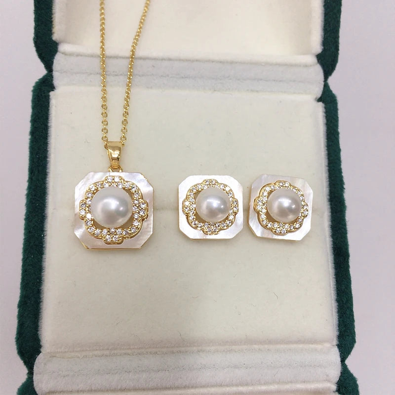 Hot Sale Sea Shell Square 18k Gold Plated Natural Freshwater Pearl Earrings Necklace Rings Jewelry Set