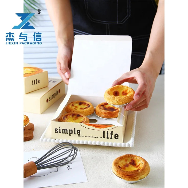 Custom Eco-friendly Take Away Egg Tart Packing Boxes Fast Food Biodegradable Food Grade Biscuit and Cake Paper Box