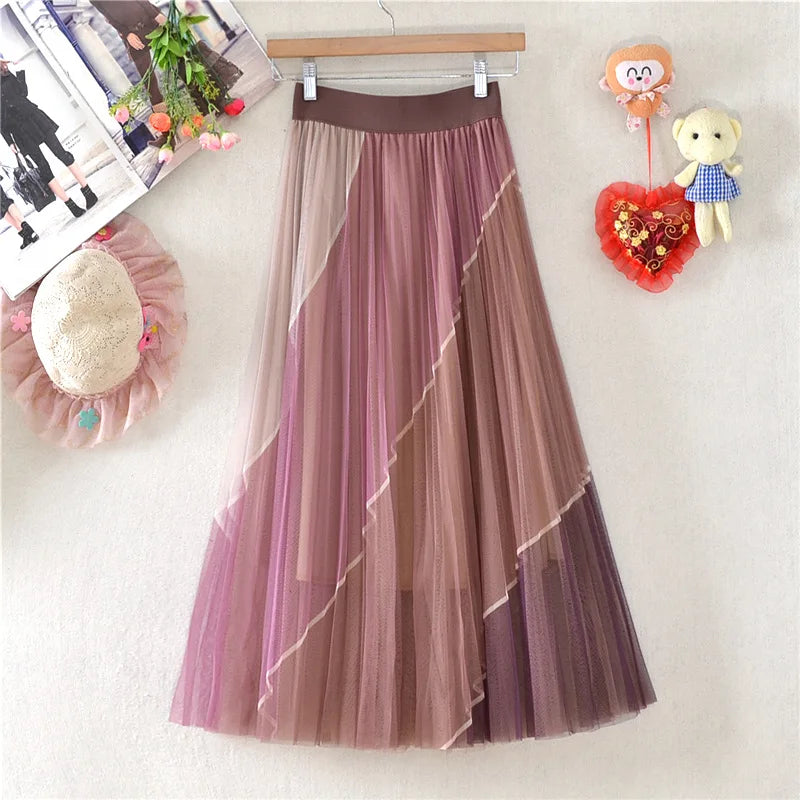 Hot Sale Women Mid Length Pleated Skirt Mesh Geometric Thin Loose Comfortable A-Line Skirt