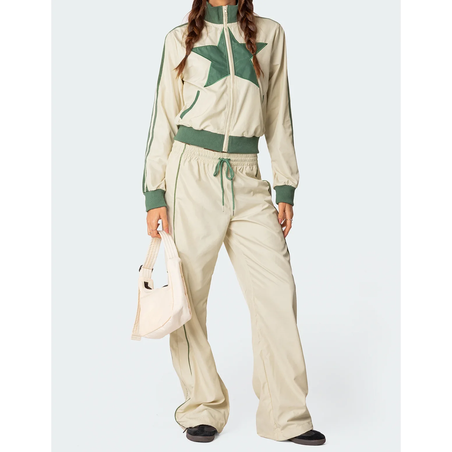 Womens Contrast 2 Piece Windbreaker Outfits Stand Collar Long Sleeve  Jacket and Straight Pant With Side Strips Tracksuit Set