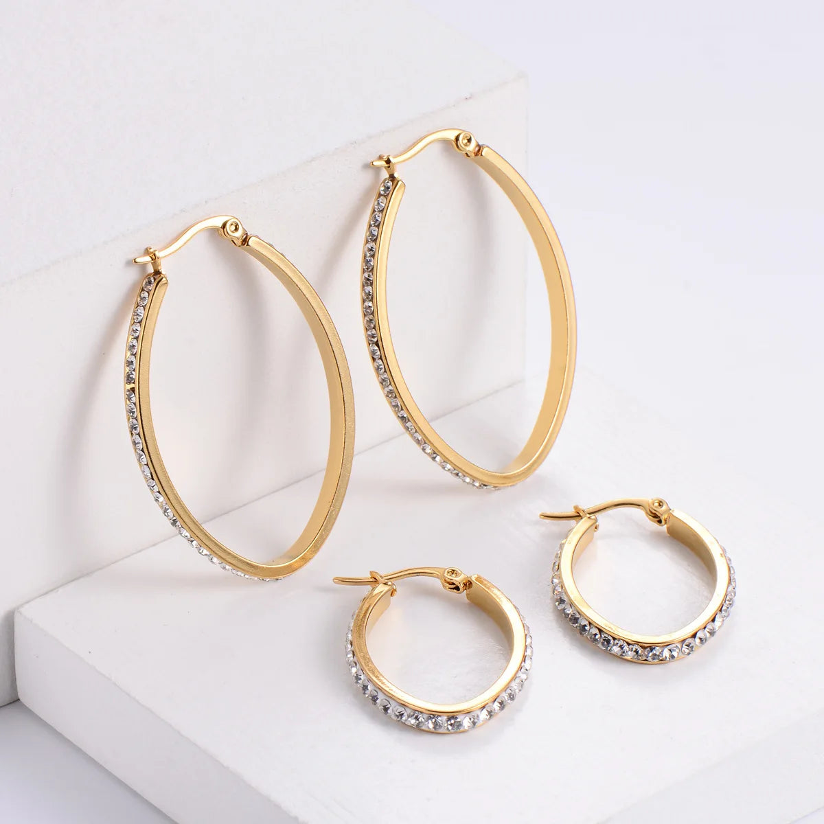 Waterproof Non Tarnish Stainless Steel 18k Gold Stainless Oval Zircon Inlay Pendant Designer Inspired Earrings Popular Brands