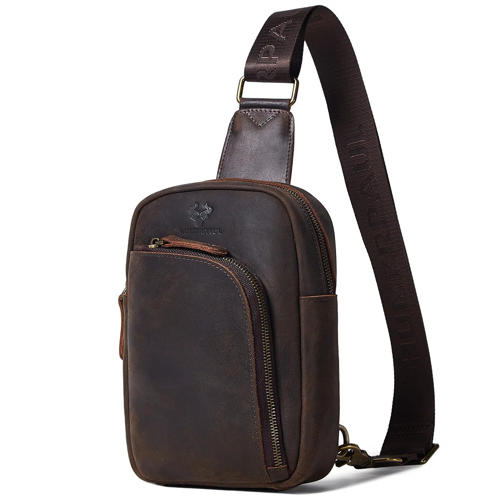HUMERPAUL Full Grain Leather Chest Bag for Men Vintage Casual Crossbody Pack for Work Handmade Male Side Bags Travel Sling Bag