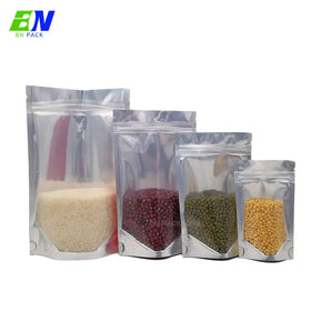 Custom Size Transparent Clear Front Silver Backed Aluminized Plastic Standup Pouch for Food Zipper Packaging Packing Peanuts
