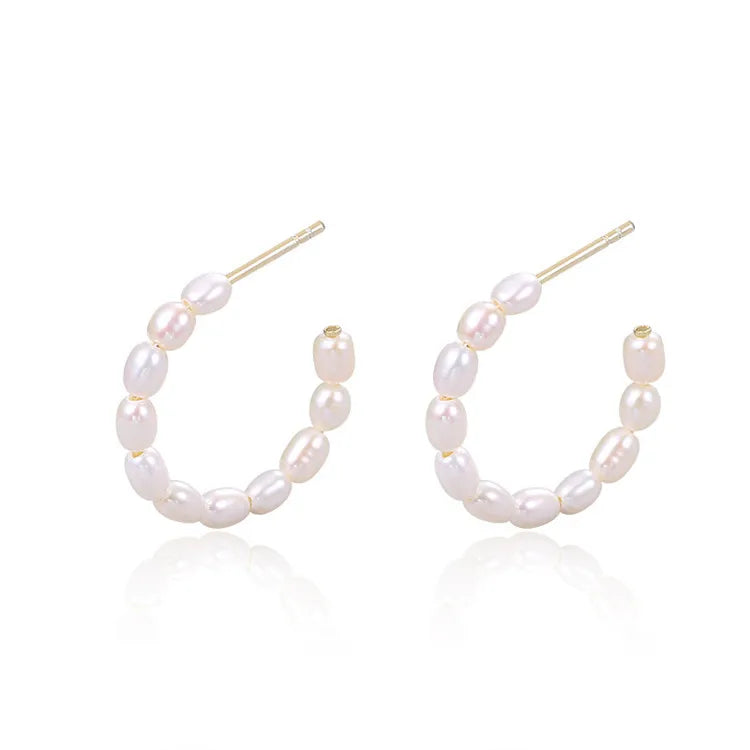 SP Fashion Trend Women Handmade C Shape 925 Sterling Silver Gold Freshwater Pearl Stud Hoop Earrings