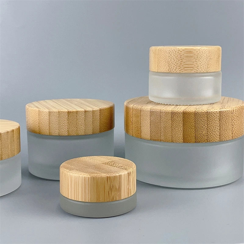 Flat Round Frosting Cream Jar with Bamboo Screw Cap Free Sample Face Cream Jar Empty Glass Cosmetic Packaging Jar