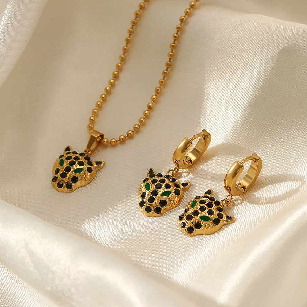 Cool Animal Shape Jewelry Sets 18K Gold Plated Stainless Steel Black Zircon Inlay Leopard Head Necklace Earring Sets