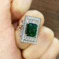 Huitan Vintage Luxury Emerald Crystal Finger Ring Women 925 Silver Plating Gemstone Ring Engagement Jewelry for Women Girls