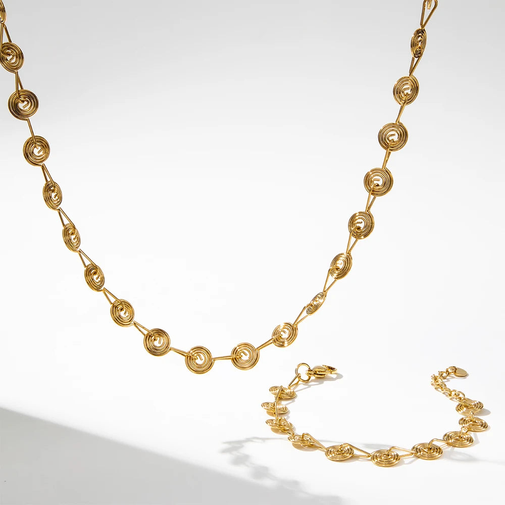 YF3898 Stainless Steel Niche Unique Waterproof Jewelry Set 18k Gold Plated Geometric Spiral Disk Necklace Non Tarnish Bracelet MegaBDM