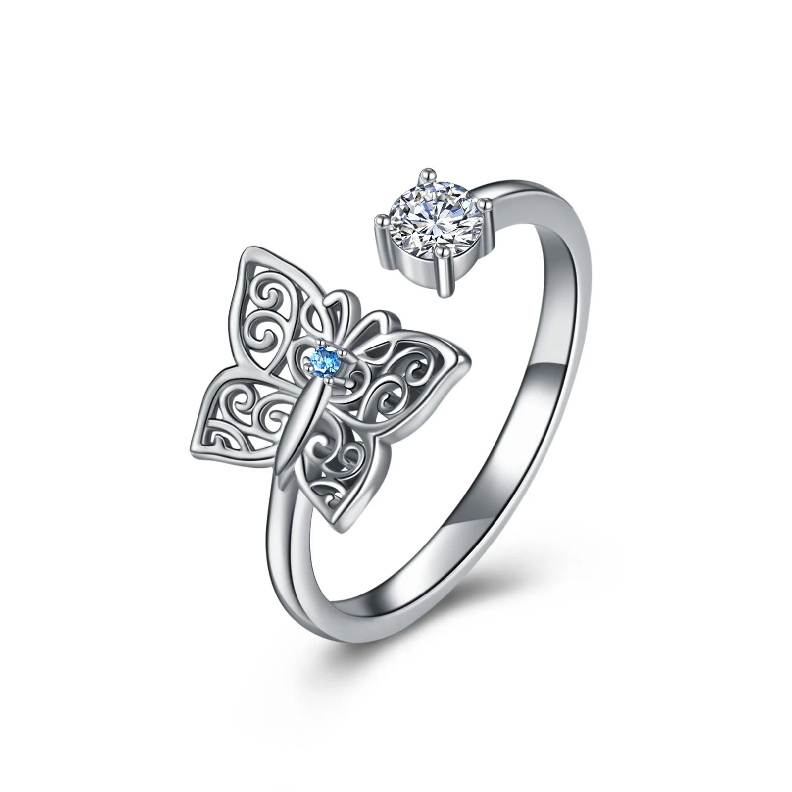 Hot Sale 925 Sterling Silver Platinum Plated Colorful Zircon Butterfly Open Rings for Women