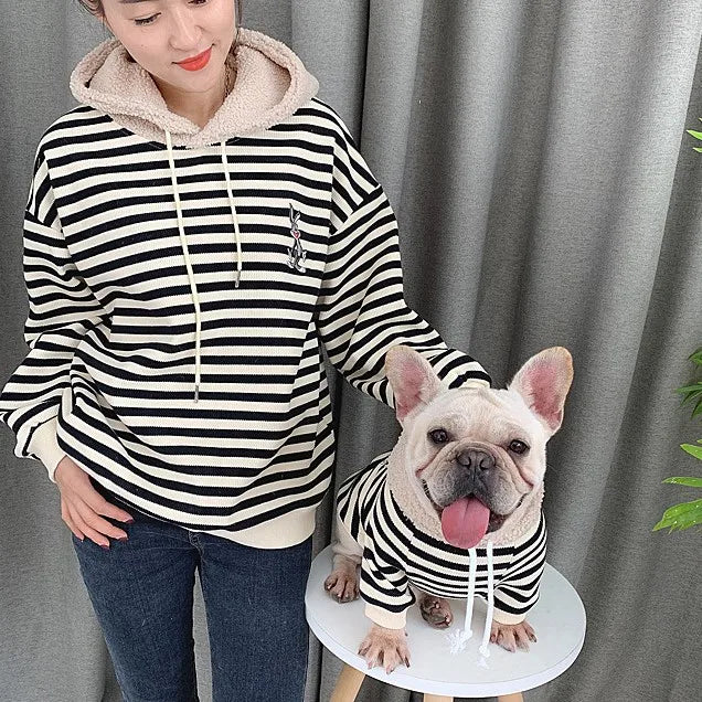 Wholesale Fashion Long Sleeve French Pet Dog Owner Matching Black and Yellow Striped Hoodie