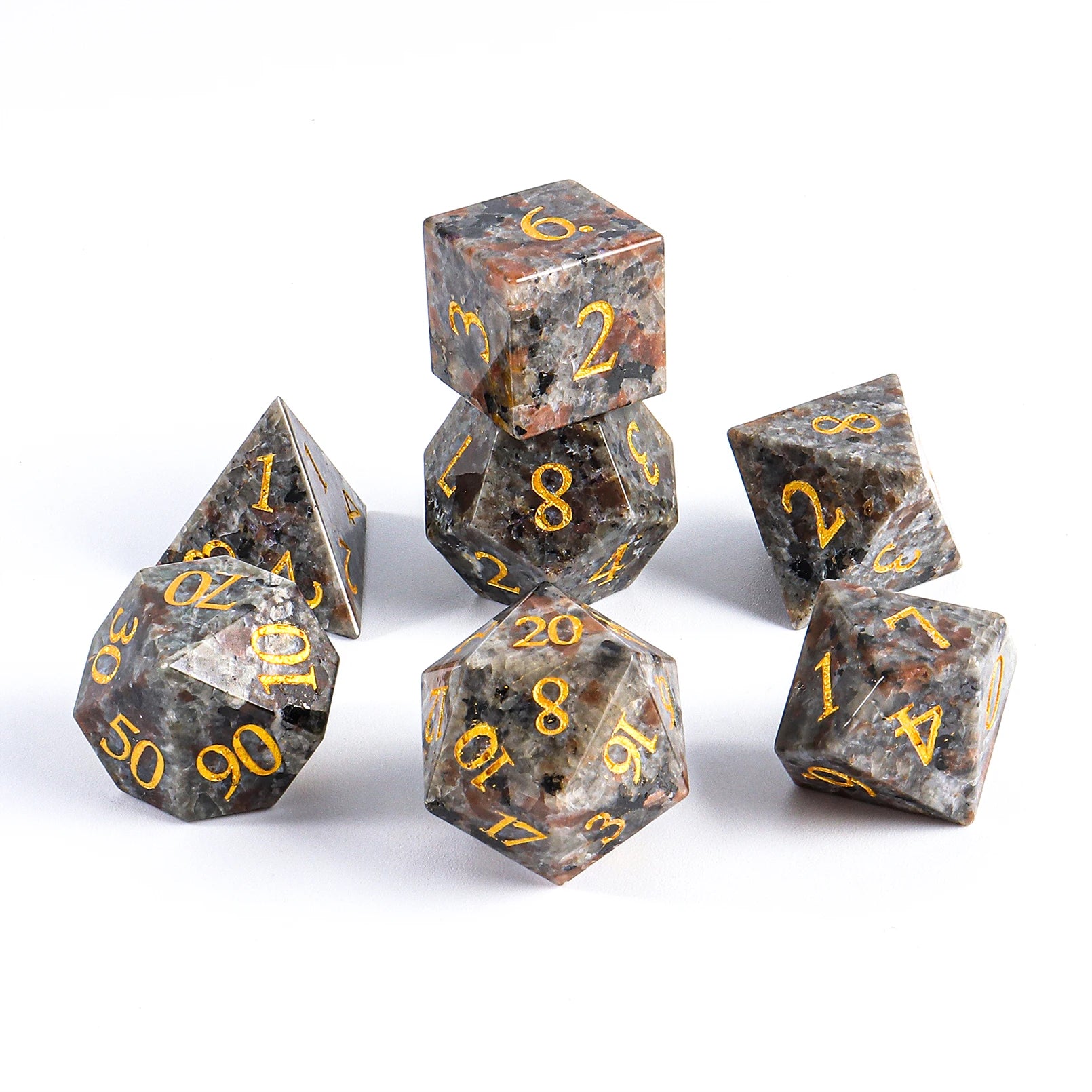7pcs Natural Stone Polyhedral DND Dice Set Custom Logo Gemstone D6 D20 Handmade Firestones with Numbers for Table Game