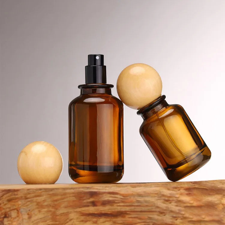 In Stock New Design Luxury Empty 100Ml Brown Round Perfume Glass Bottle  With Wooden Cap