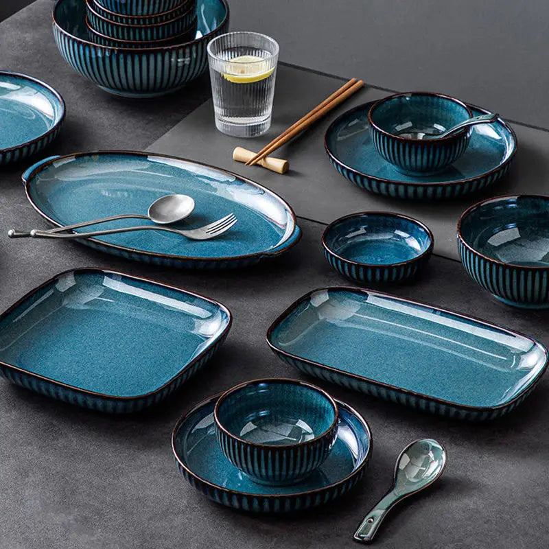 Blue Kiln Tableware Vintage Bone China Shallow Rice Soup Bowl Household Vegetable Noodle Plate Portugal Ceramics Dinnerware Set