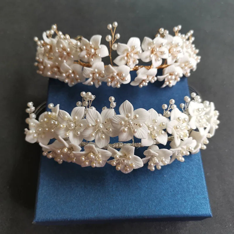 SLBRIDAL Luxury Handmade Rhinestone Crystal Simulated Pearls Ceram Flower Bridal Tiara Headband Wedding Crown Women Hair Jewelry