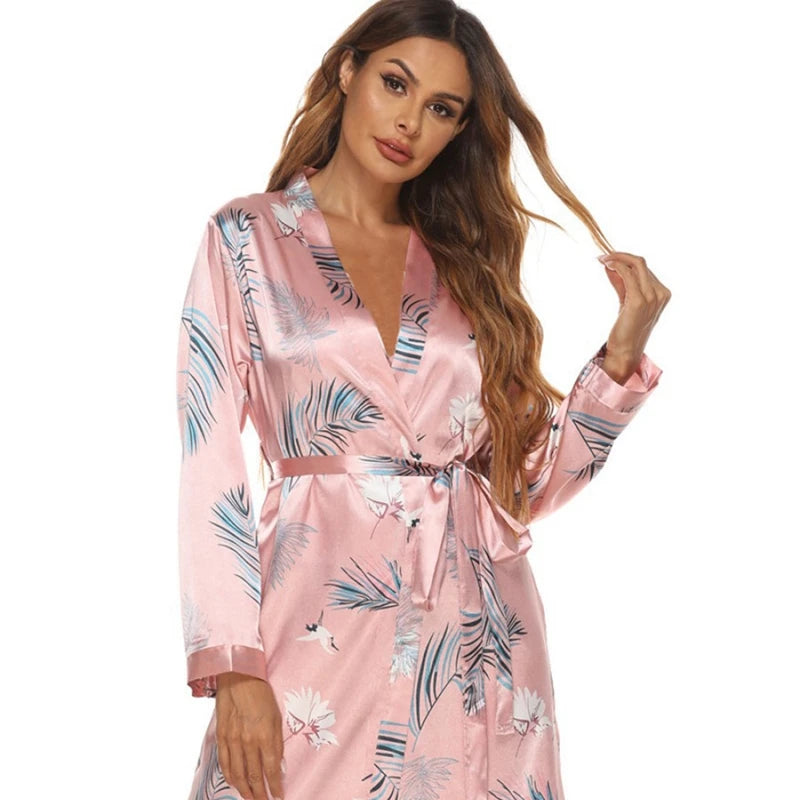 Comfortable Women's Polyester Spandex Woven Knee Length Printed Breathable Summer Autumn Spring Pajama Robe Drawstring