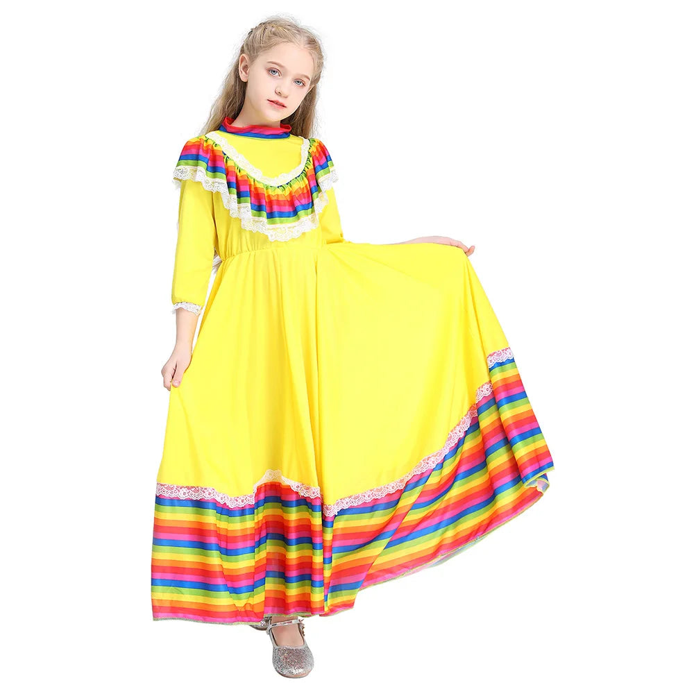 Children's Day the Dead Party Performance Game Traditional Mexican Girls Full Skirt Ethnic Dance Dress