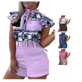 Summer Fashion Women's Clothing Ladies Casual Print Shirt Top Sash Shorts Two Piece Women's Sets