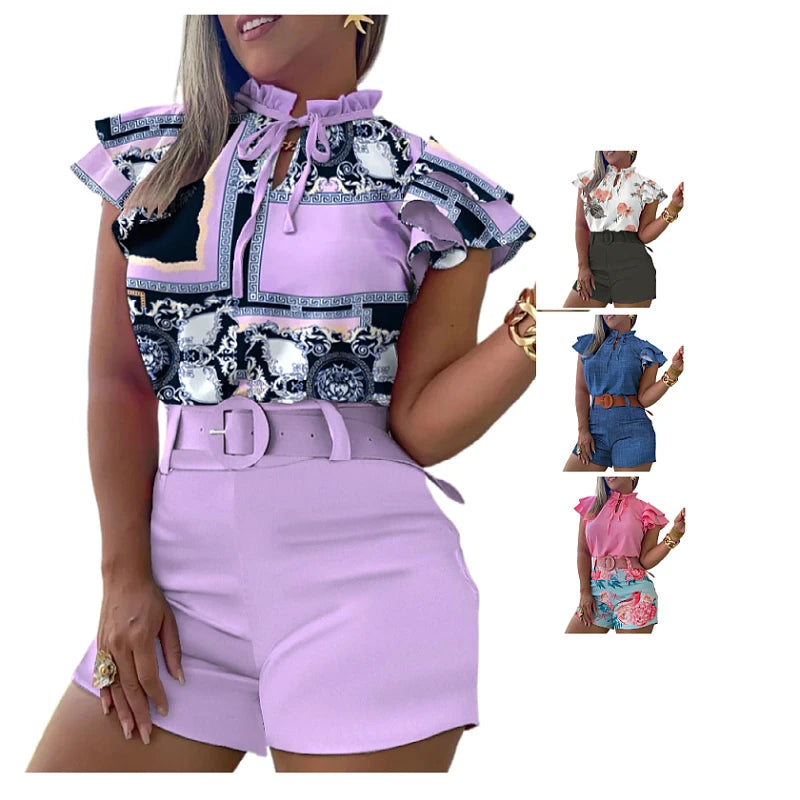Summer Fashion Women's Clothing Ladies Casual Print Shirt Top Sash Shorts Two Piece Women's Sets