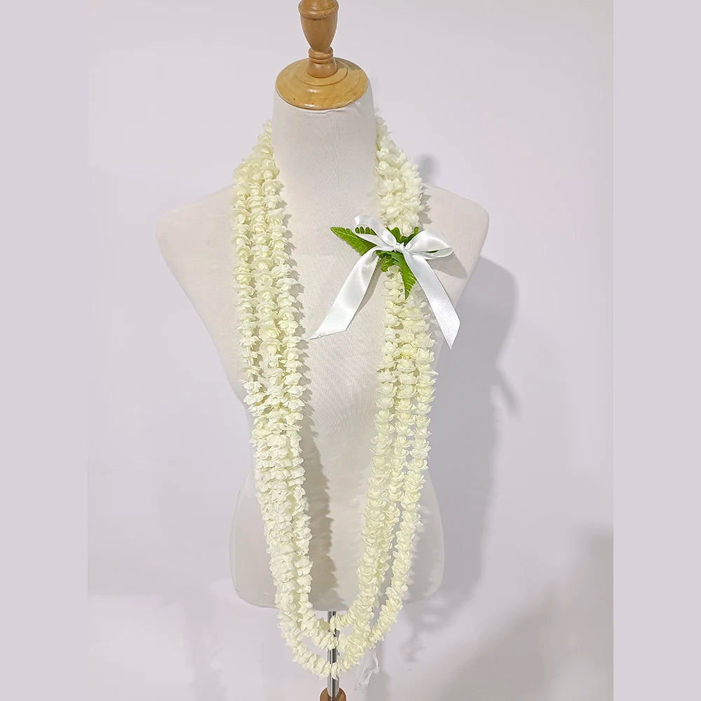 3-Strand Artificial Silk Pikake Lei With Fern Leaf KN-hl091s Pakalana Necklace Hawaii Polynesia Dance Party Floral Wreath Swag