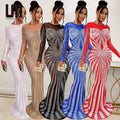 Liu Ming Fashion Trend Luxury Women Round Neck Long Sleeves Rhinestone Crystals Party Evening Maxi Dress