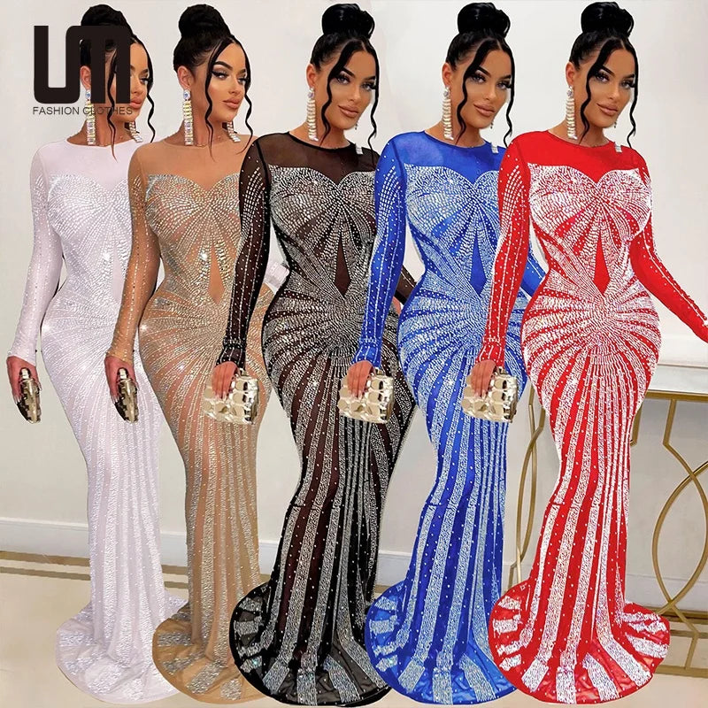 Liu Ming Fashion Trend Luxury Women Round Neck Long Sleeves Rhinestone Crystals Party Evening Maxi Dress