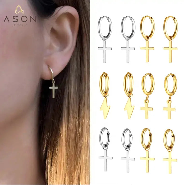 Ason 18k Gold Plated Jewelry Waterproof lightning Cross Hoop Earrings Women Fashion Designer Jewelry Stainless Steel Earrings
