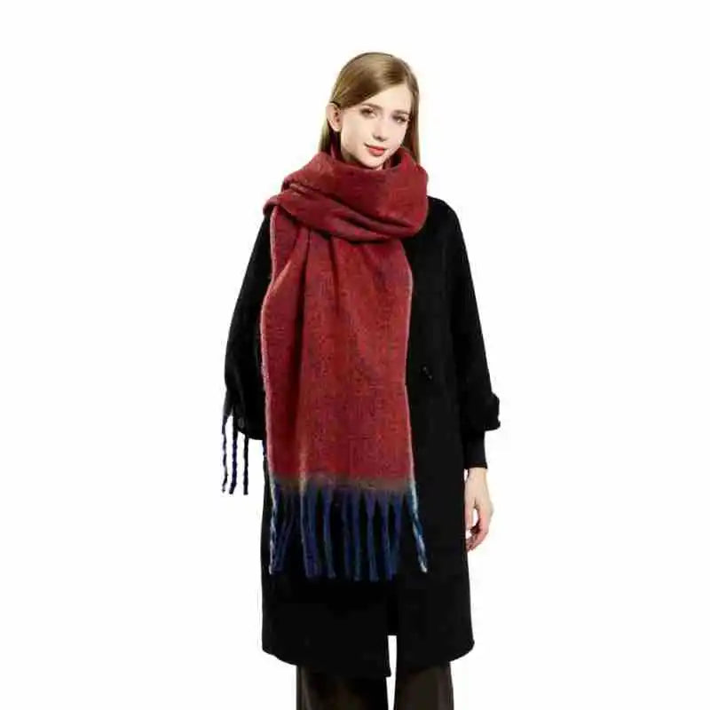 Autumn Winter Warm Tassel Scarf for Women Solid Color Contrast Pashmina Cold-Proof Shawl Made Polyester Traditional Shawls