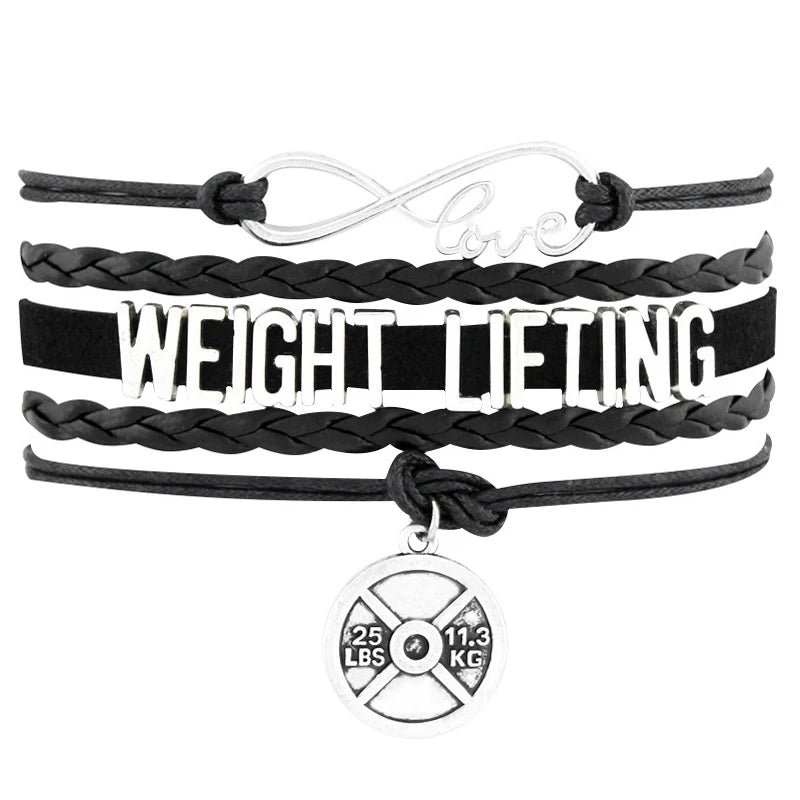 Manufacturer Custom-designed Infinity Love Weightlifting Barbell Charm Weight Lifting Leather Wrap Bracelet