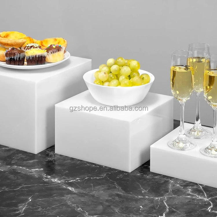 SHP White Buffet Acrylic Riser Cube Display Set of 5 Square Food Dessert Display Stand For Dessert Luxury Hotel Buffet Sale