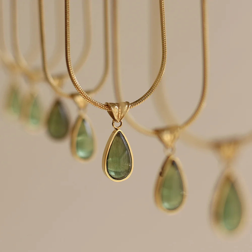 Fashion French Clear Green Water Drop Blue Ocean Necklace Collar Chain Snake Bone Stainless Steel Women Jewelry