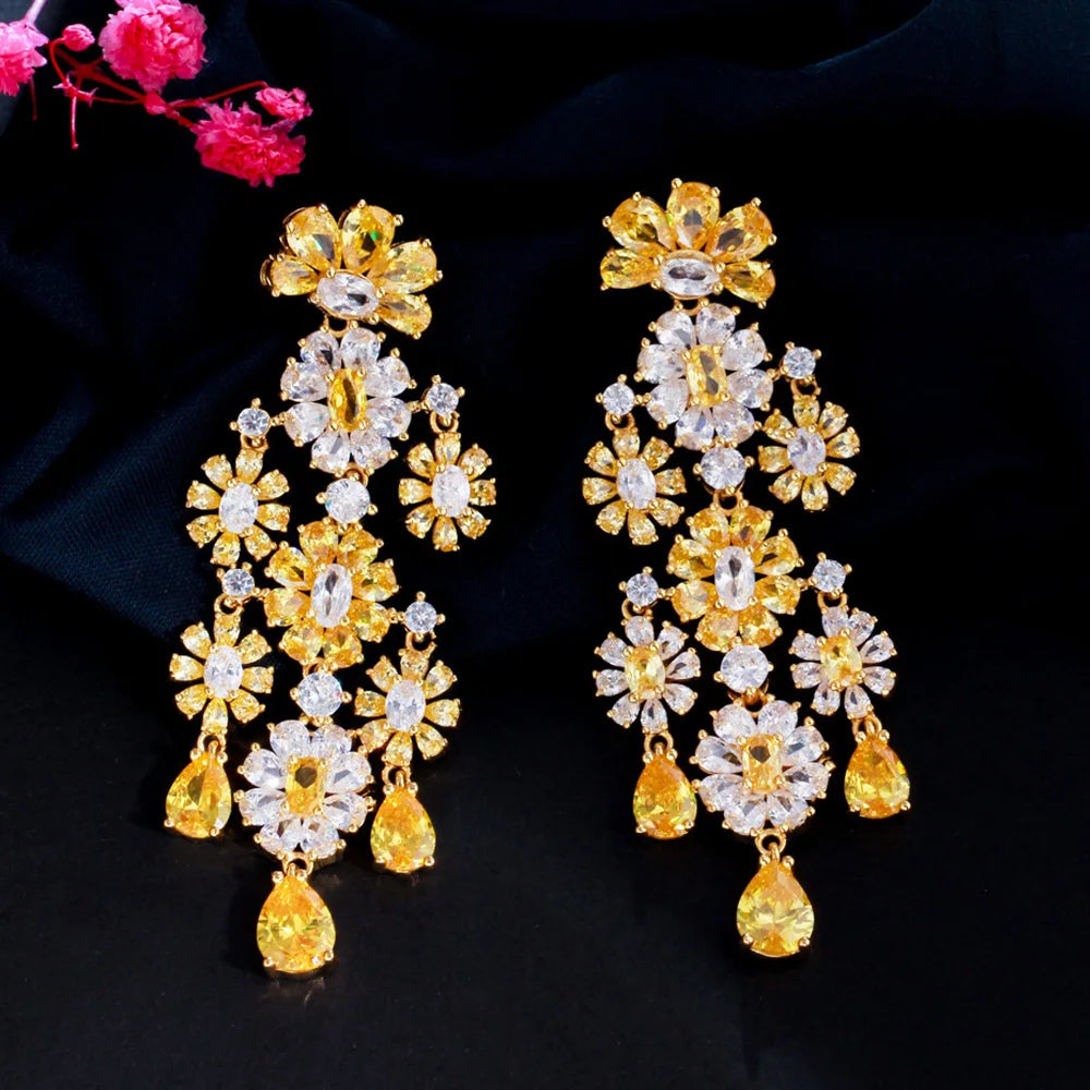 Luxury Statement Cluster Flower Dangle Drop Yellow Cubic Zirconia Long Wedding Earring for Brides Party Jewelry