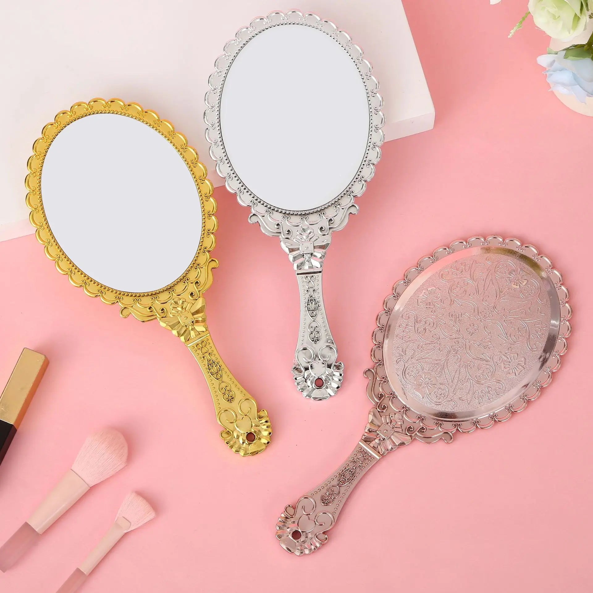Zonyin Gold Vintage Handheld Makeup Mirror Goldplated Plastic Hand Personalized Portable Cosmetic Vanity Mirror for Wedding