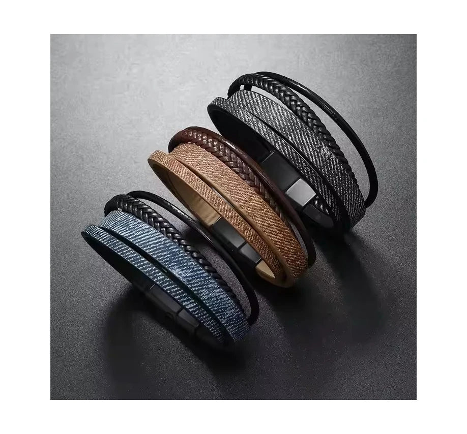 Personalized Charm Handmade Braided Leather Magnetic Bracelet Customized Laser Logo Multilayer Leather Bracelet for Mens