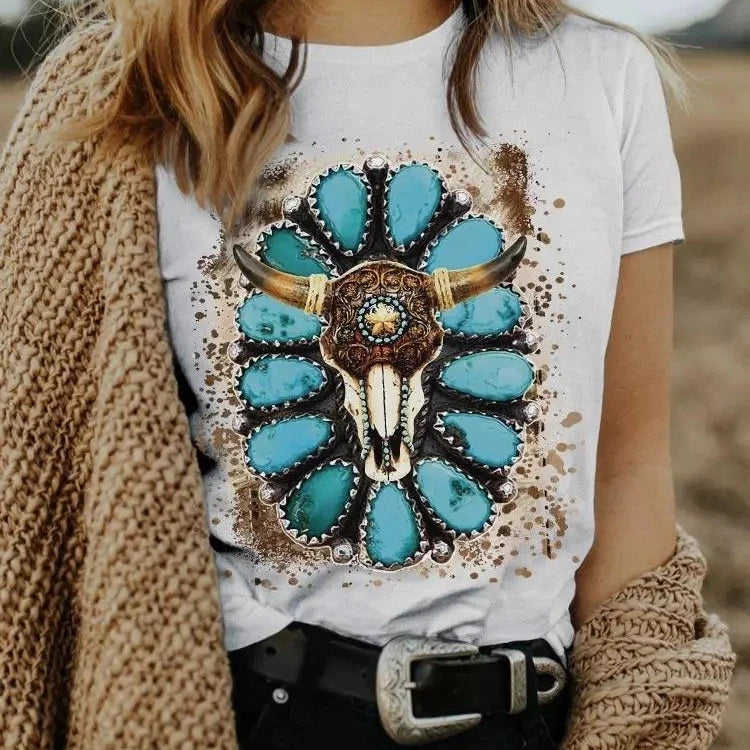 Wholesale Western Style Clothes Wear Womens Cowgirl Clothing 100% 180gsm Cotton Hot Stamping Pattern T Shirts Tops for Female