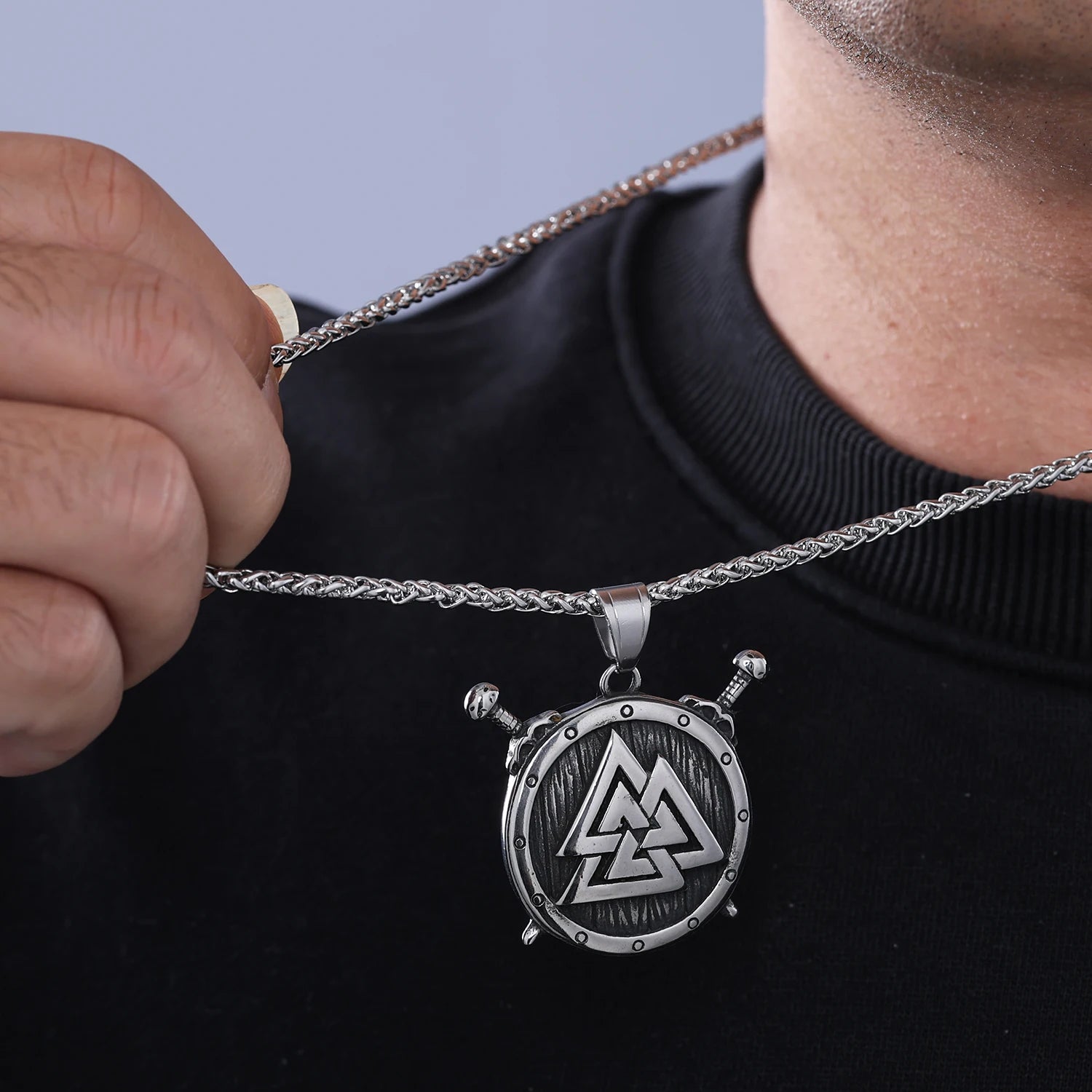 Logo Customization  Men Silver Stainless Steel Nordic Viking Odin Thor Shield Sword Valknut Talisman Rune Necklace Pendant