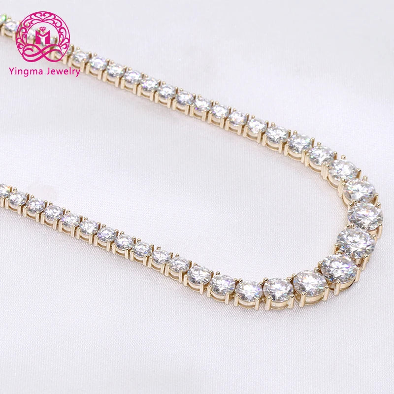 Gold Jewelry Mix Sizes Stones D Color White Hip Hop Moissanite Necklace 14K Solid Yellow Gold Tennis Necklace