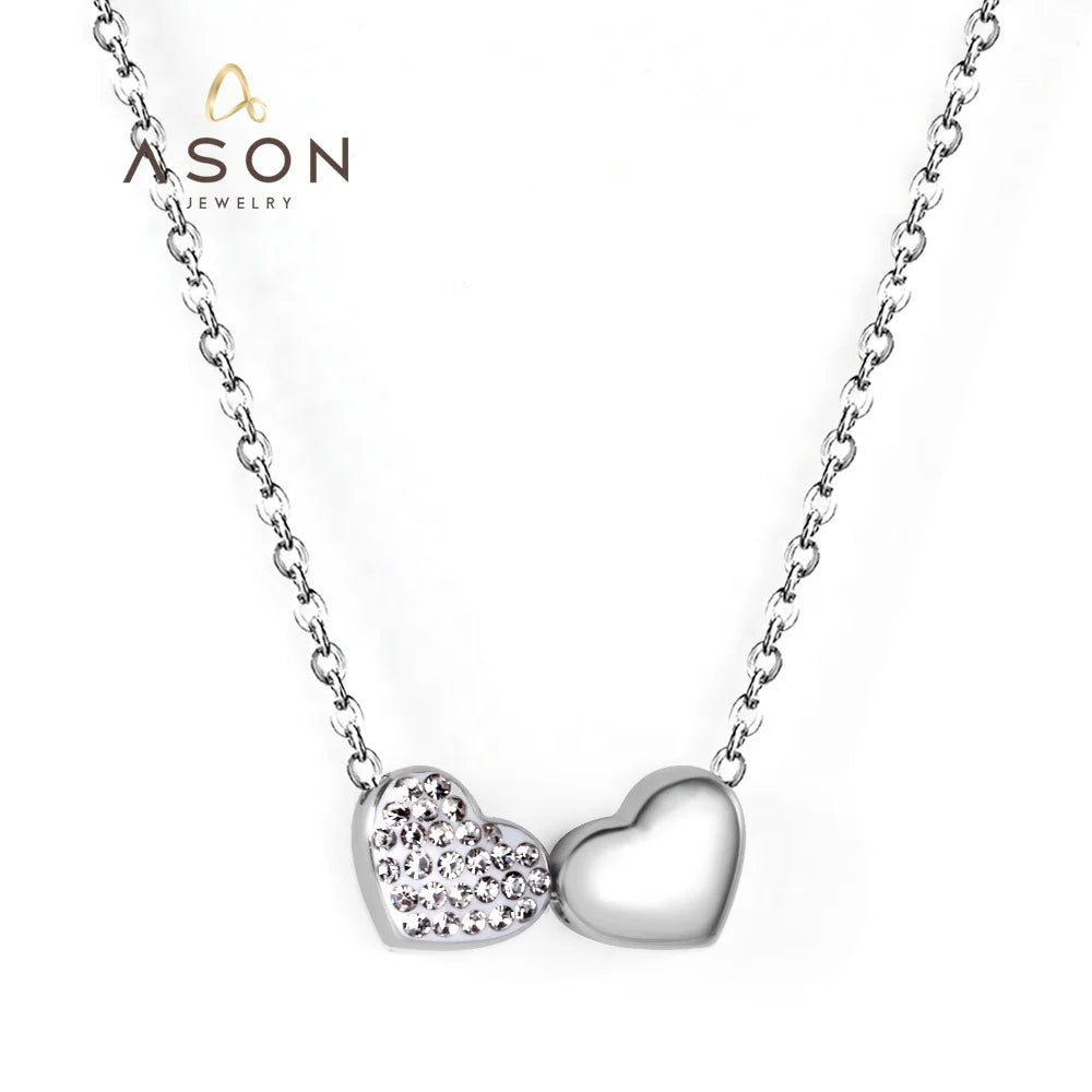 Ason Fashion Stainless Steel Jewelry Women Valentine Day Pendant Heart Necklaces Couple Double Two love Heart Diamond Necklace