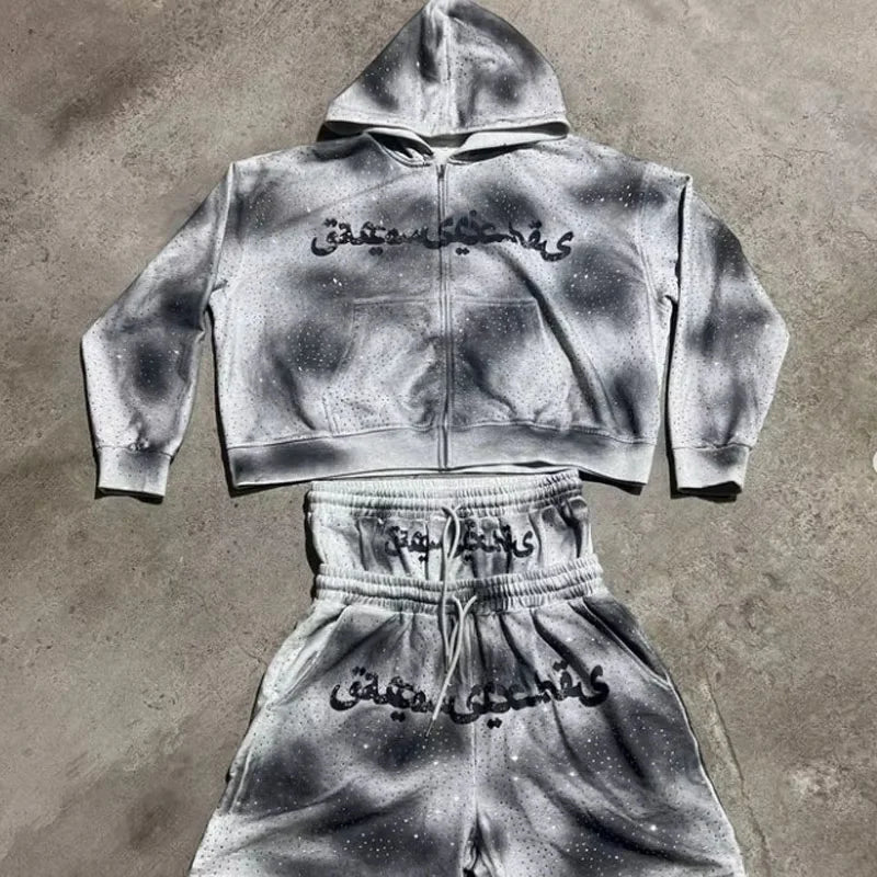Heavyweight 500 Gsm Double Waisted Boxy Fit Rhinestone French Terry Cotton Distressed Screen Print Sweat Shorts and Hoodie Set