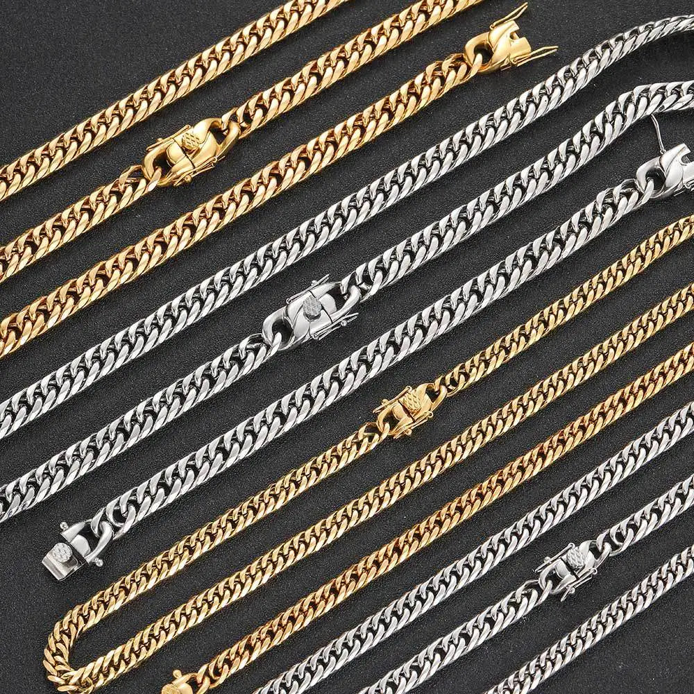 Hip Hop Mens Jewelry Titanium Steel Miami Cadena Cubana Hollow Choker Necklace Jewelry Gold Plated Curb Cuban Link Chains