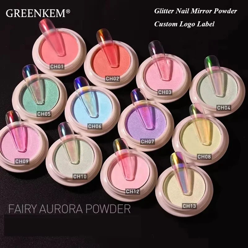 GREENKEM Wholesale Solid Chrome Aurora Powder Magic Mirror Effect Nail Glitter Acrylic Powder Nail Mirror Powder