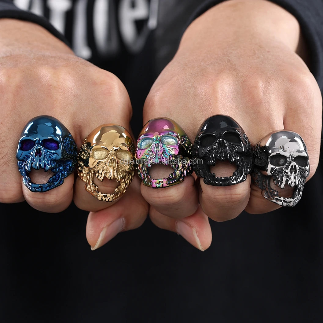 Custom Trendy Stainless Steel Rock Punk Vampire Skull Ring Antique Silver Plated Gothic Biker Skull Rings for Men