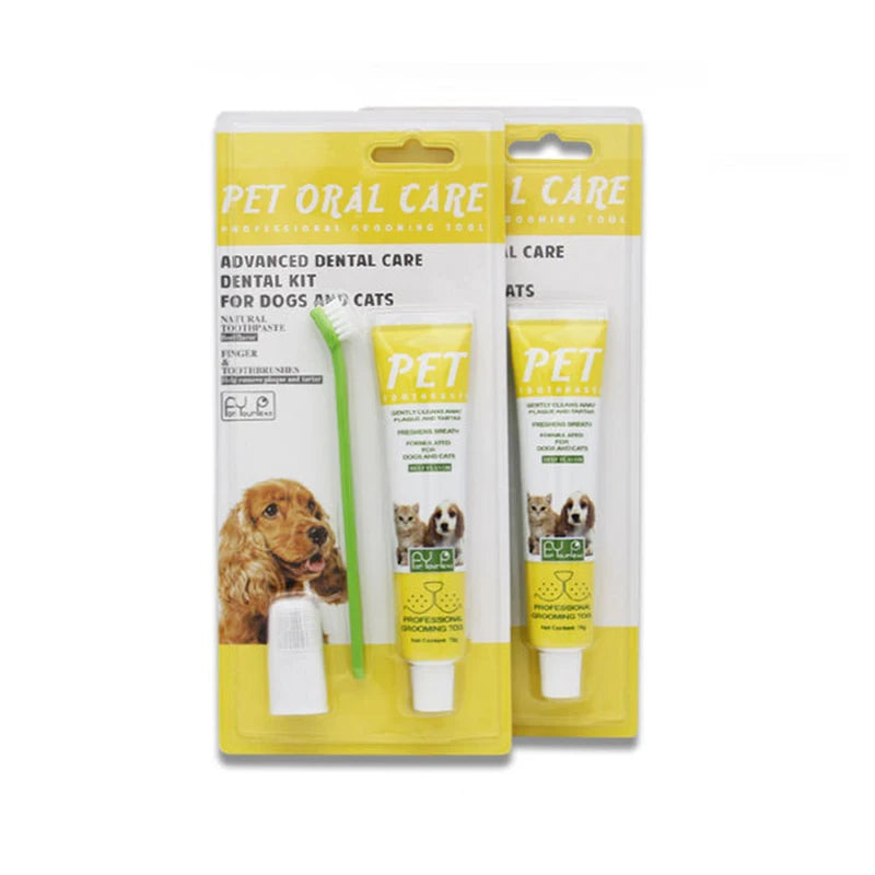 Dental Care Kit Long Handled Headed Tooth Brush Toothpaste + 1 Pet Finger Dog Toothbrush Pack