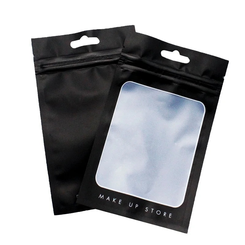 Custom Printing Logo Black Ziplock Foil Flat Bags Resealable Cosmetic Make up Tools Zipper Mylar Packaging Sachets with Window