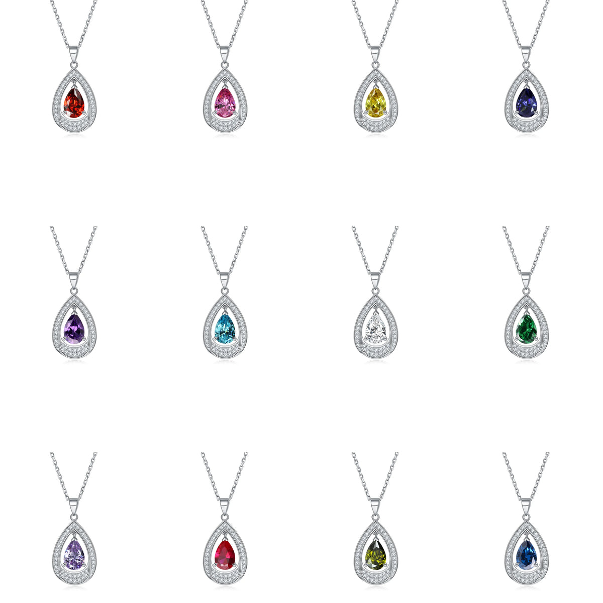 925 Sterling Silver Pear-Shaped Gemstone Collar Necklace for Women with the 12 Birthstones MegaBDM