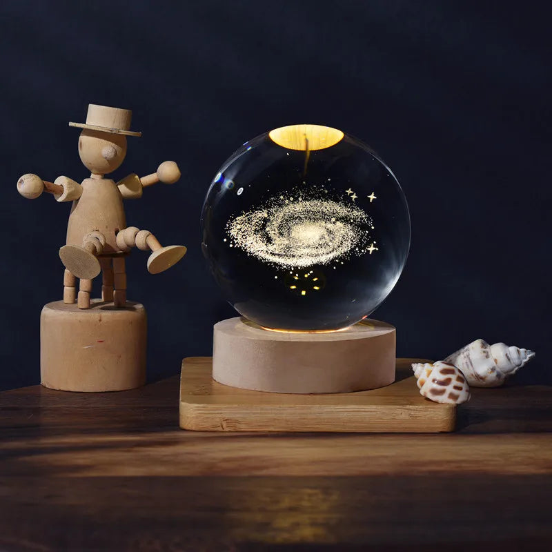 Crystal Glass Ball Night Lights with Wooden Base Personalize logo 3d Laser Engraving Solar System Crystal Ball Night Lamp